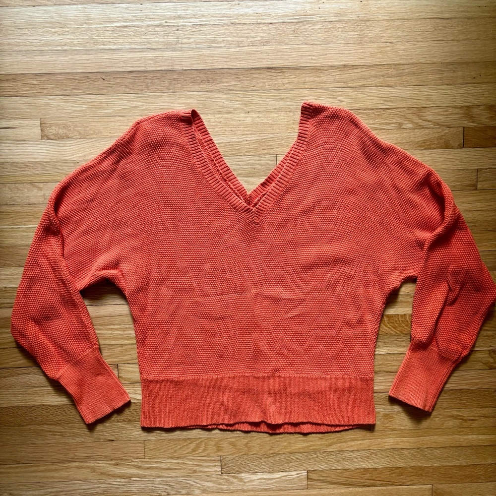 Anthropologie Sweater Womens Medium V-Neck Orange Cotton Knit Pullover Cozy